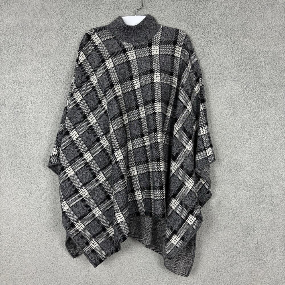 Theory Women Gray Black Plaid Poncho Cape Top Mock Neck Oversized asymmetrical S